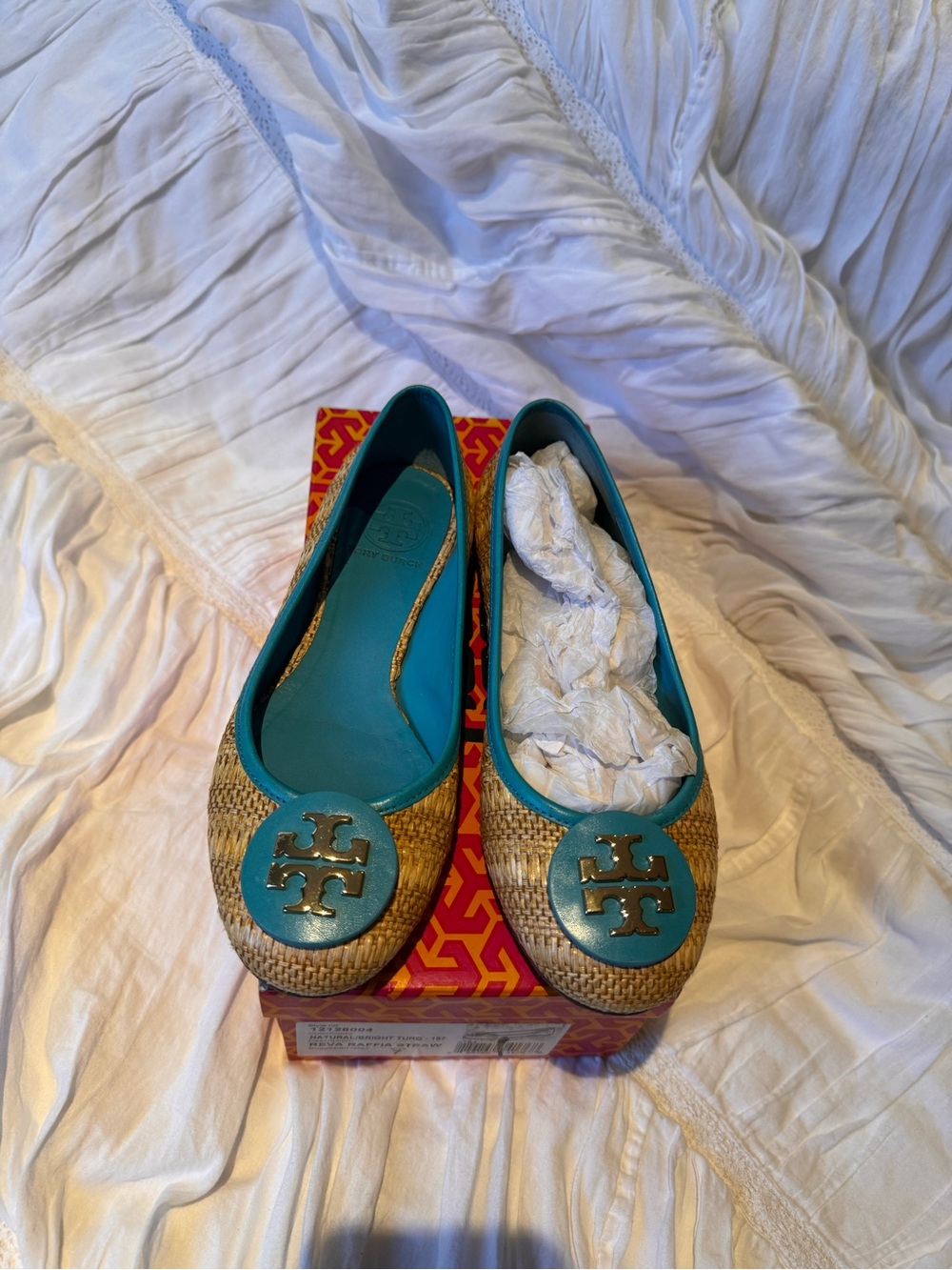 Tory Burch Raffia Ballet Flats with Turquoise Trim and Logo Medallion - Picture 2 of 9
